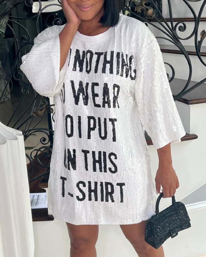 

Round Neck Letter Pattern Sequin Dress, White