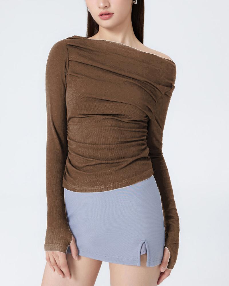 

Skew Neck Ruched Long Sleeve Top, Brown