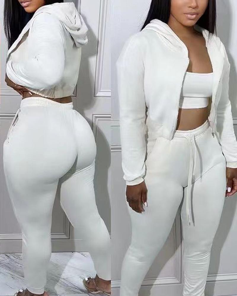 

3PCS Crop Cami Top & Pants Set With Zip Up Coat, White