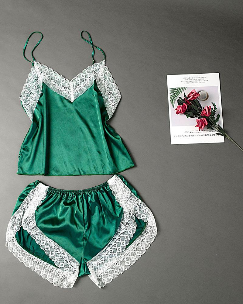 

Satin Crochet Lace Patch V Neck Cami Set, Green