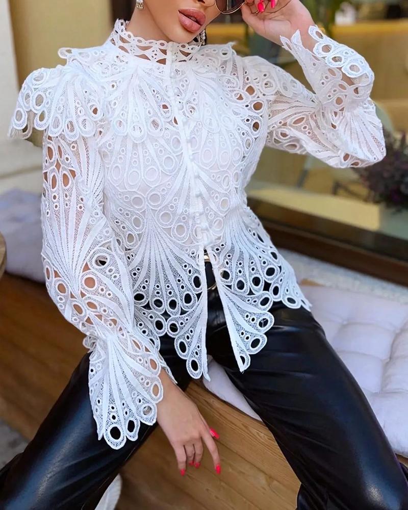 

Hollow Out Ruffles Lantern Sleeve Top, White