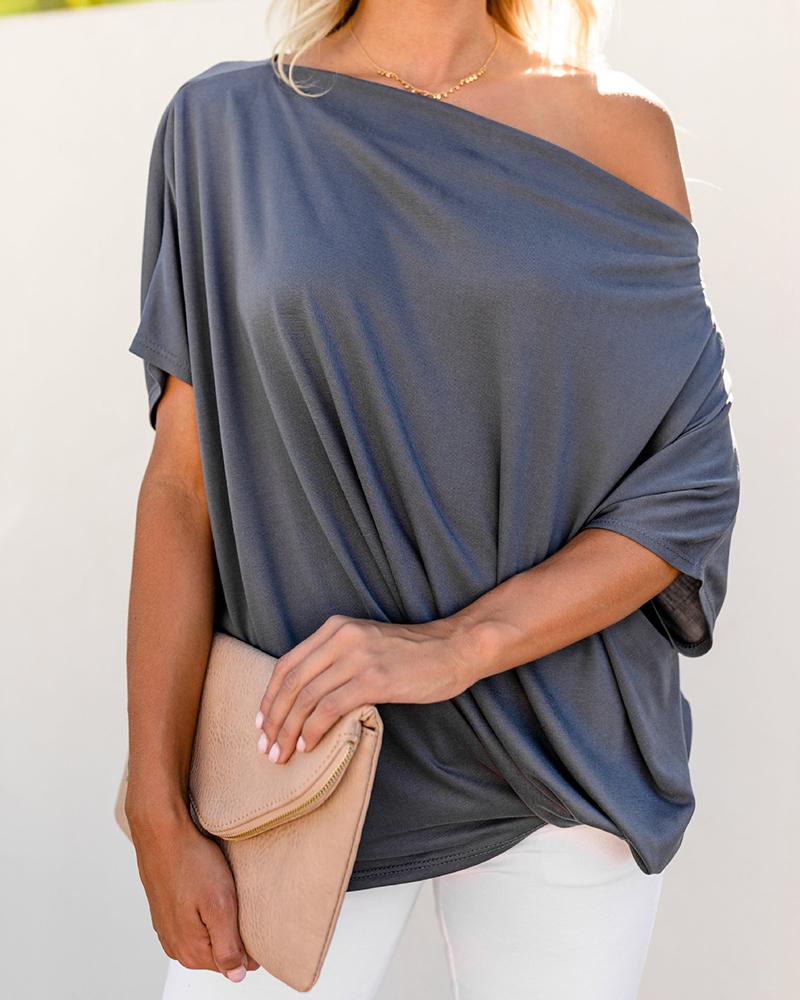 

Skew Neck Batwing Sleeve Solid Loose Tops, Gray