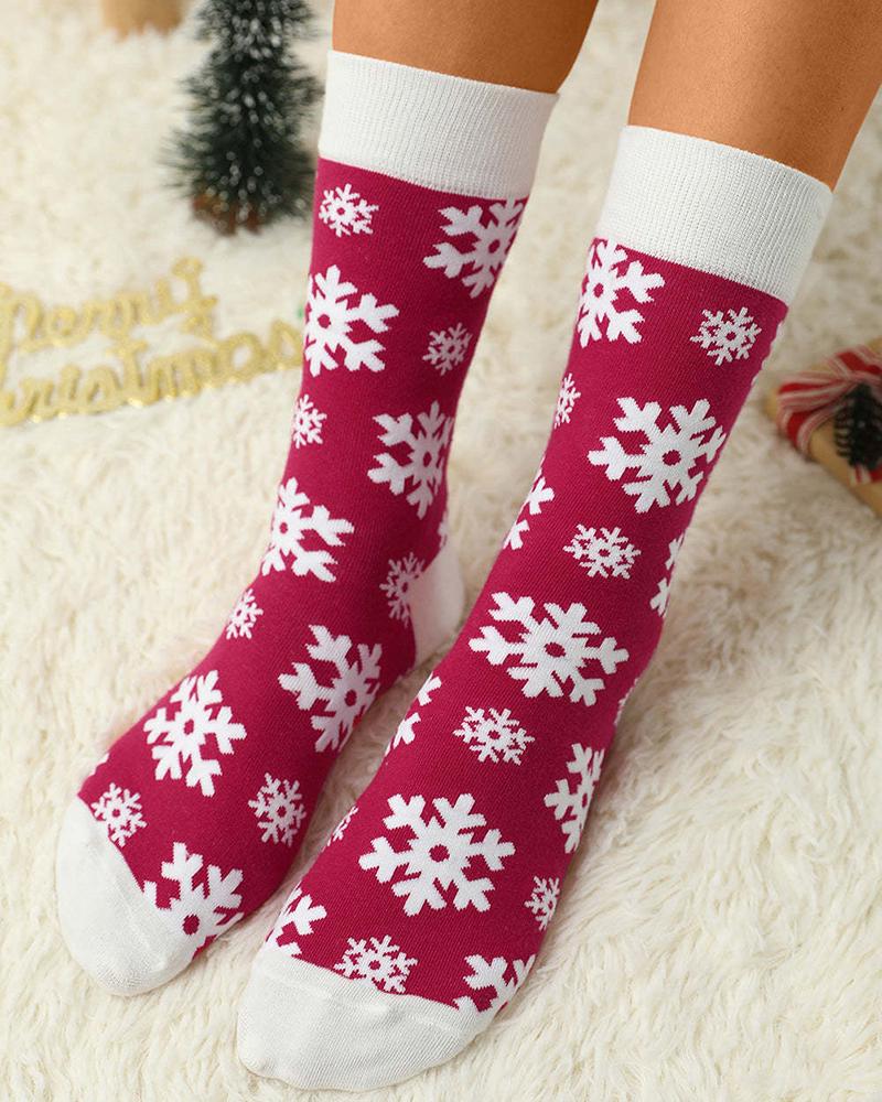 

1Pair Colorblock Christmas Snowflake Crew Soaks, Red