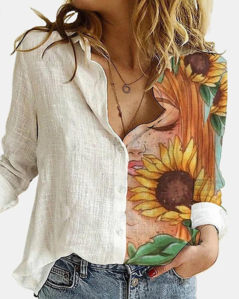 

Sunflower Print Colorblock Buttoned Shirt, White