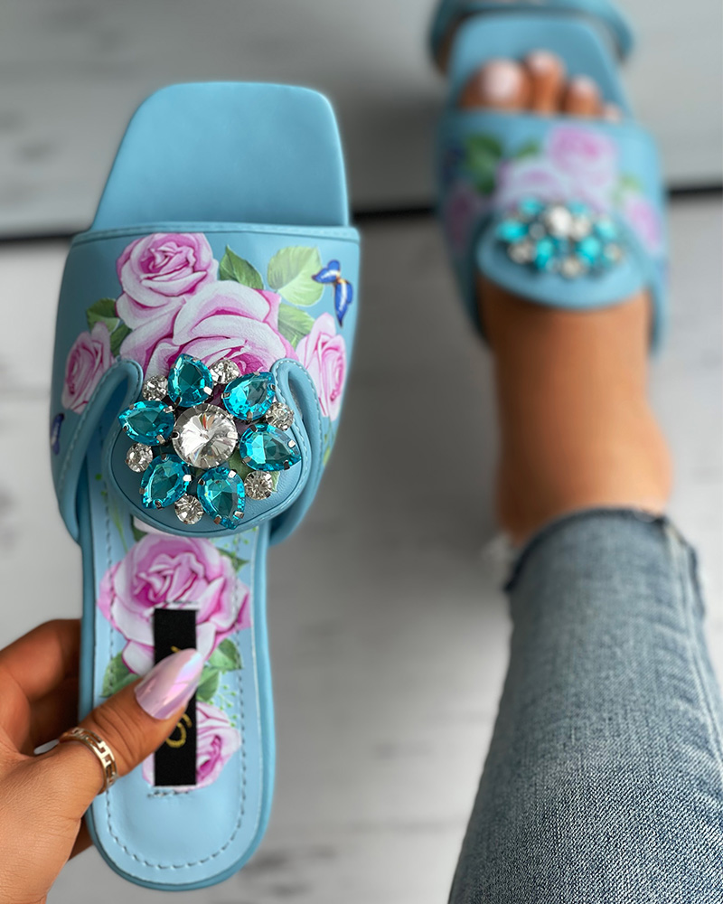 

Floral Print Rhinestone Decor Chunky Heels, Blue
