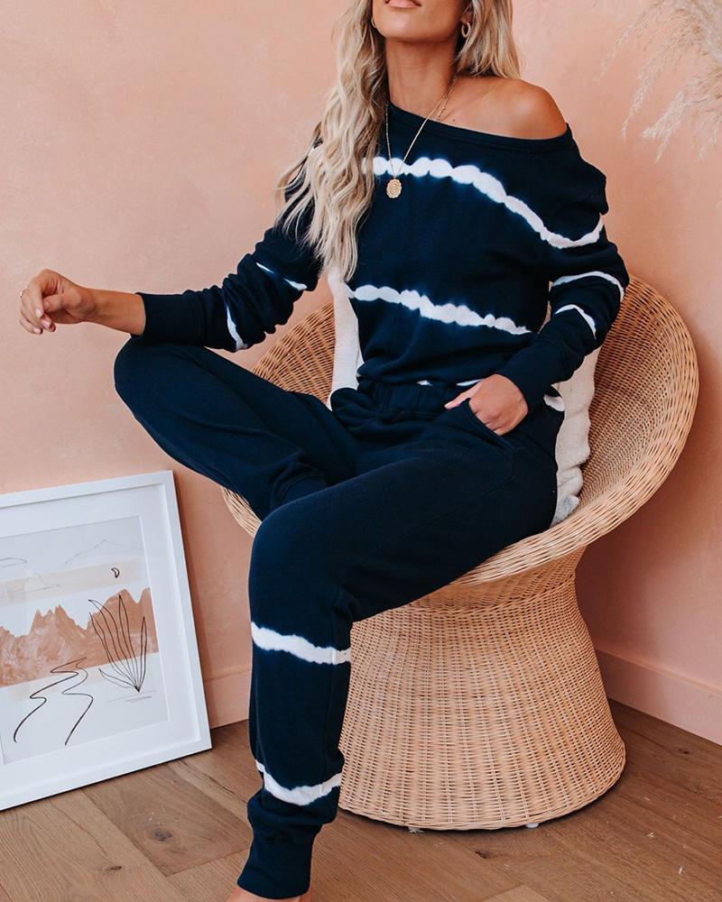 

Tie Dye Print Long Sleeve Top & Pants Set, Dark blue