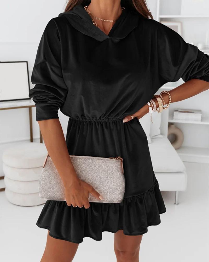 

Long Sleeve Velvet Ruffle Hem Hooded Dress, Black
