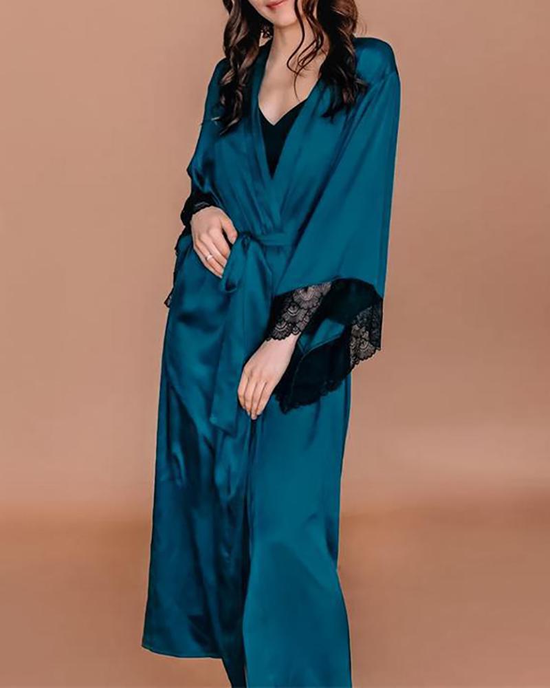 

Eyelash Crochet Lace Tied Detail Satin Robe, Blue