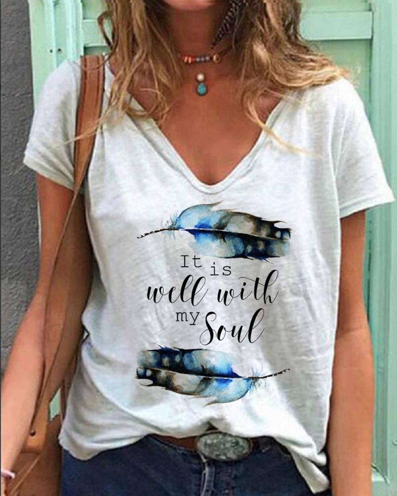 

Multicolor Feather & Letter Print Short Sleeve T-shirt, White