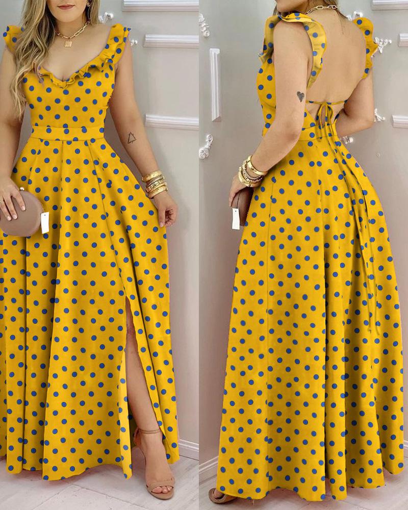 

Polka Dot Print Ruffle Hem Open Back Slit Maxi Dress, Yellow
