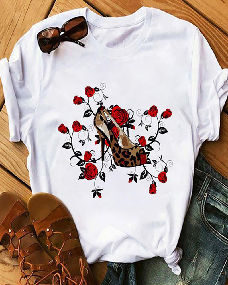 

Floral / Letter / Heels Print Short Sleeve Casual T-Shirt, Style2