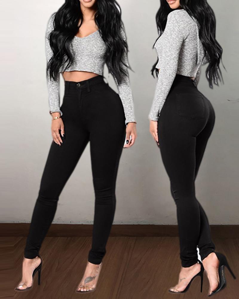 

Single Button High Waisted Denim Pants, Black