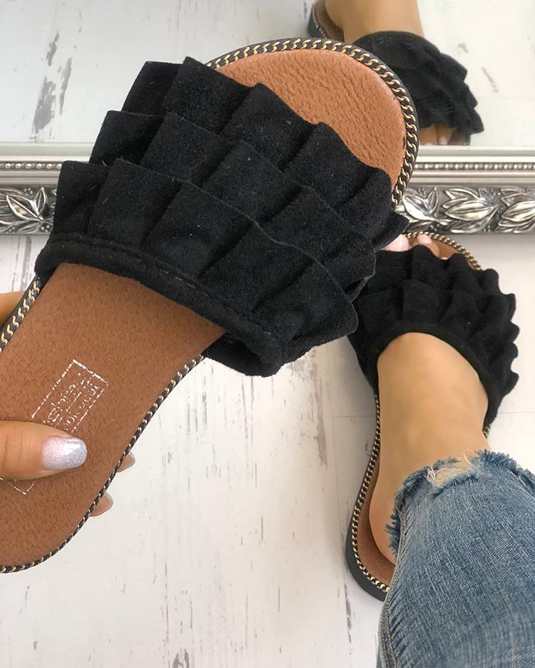 

Velvet Layered Ruffles Slide Slippers, Black