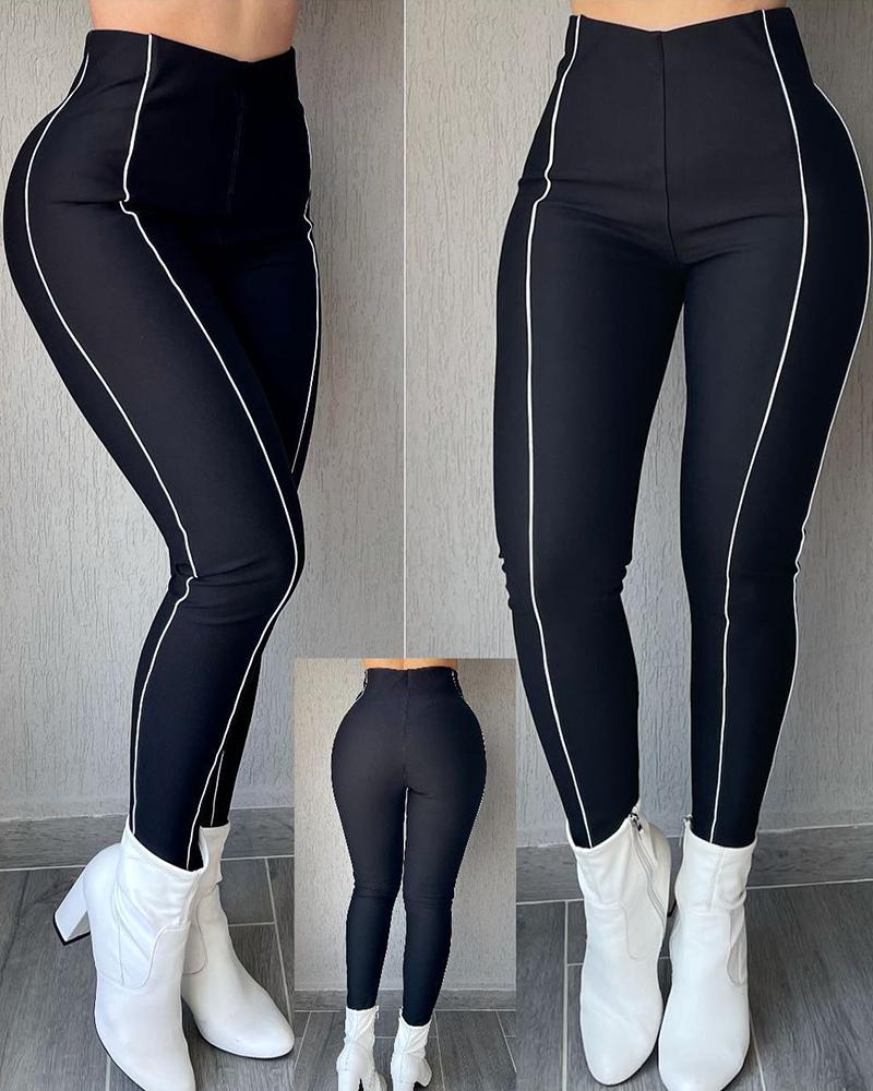 

Contrast Piping High Waist Pants, Black