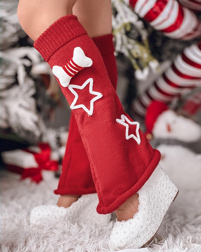 

1Pair Star Print Bone Pattern Leg Warmers, Red