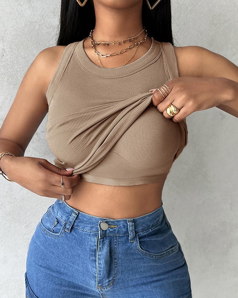 

ChicMe Built-in Bra Ribbed Round Neck Tank Top, Khaki