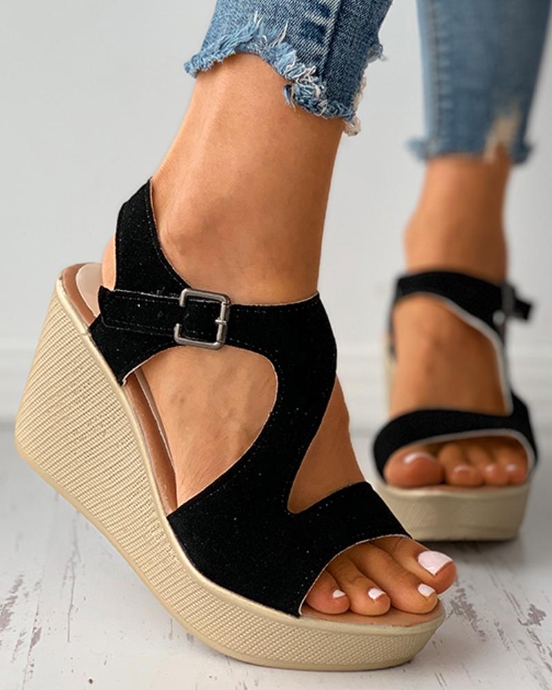 

Suede Cutout Peep Toe Buckled Wedge Sandals, Black