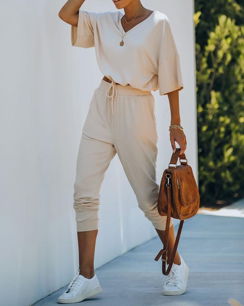 

V-Neck Half Sleeve Solid Top & Drawstring Pant Set, Apricot