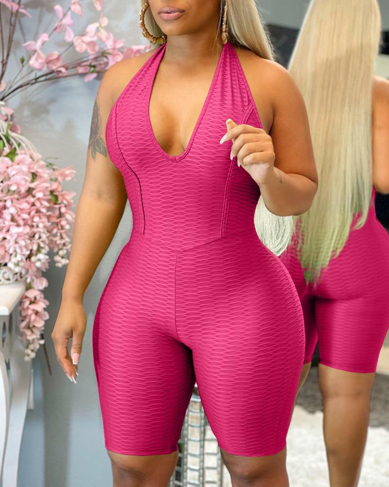 

Textured Halter Backless Active Romper, Hot pink