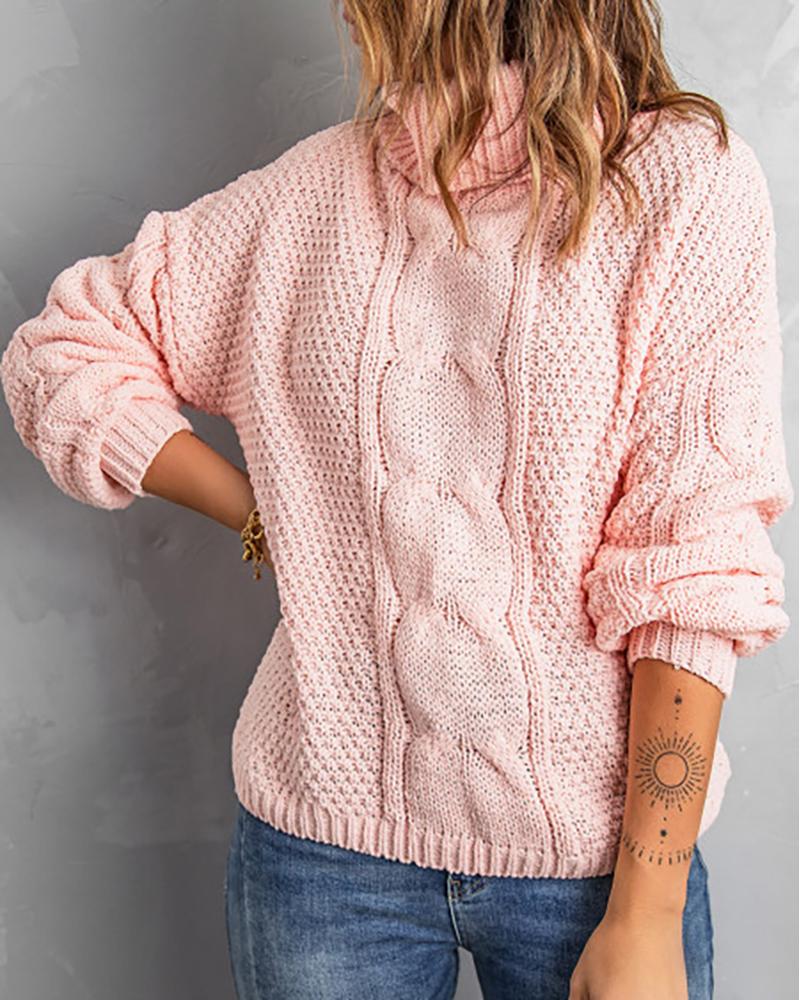 

High Neck Long Sleeve Braided Sweater, Pink