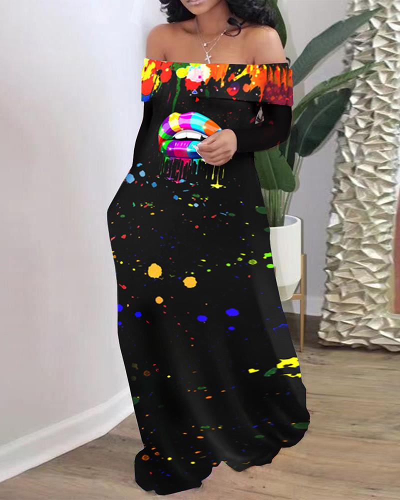 

Colorful Lip Print Off Shoulder Pocket Design Dress, Black