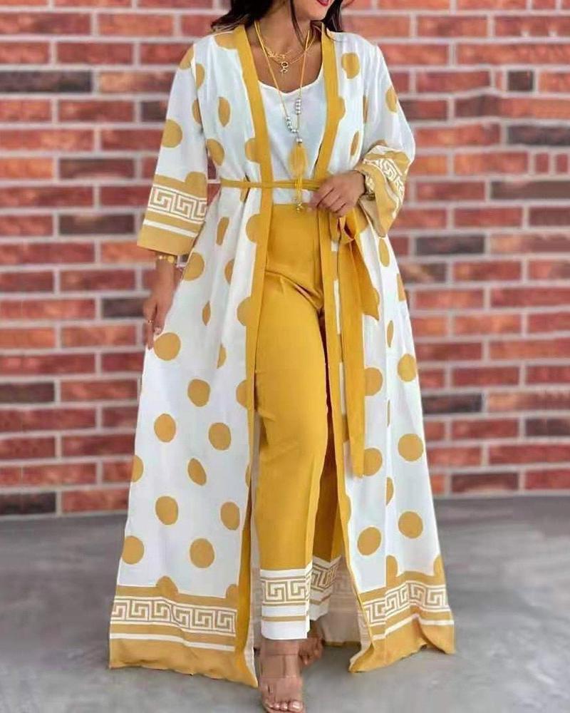 

Plus Size Tank Top & Pants Set With Polka Dot Print Cardigan, Yellow