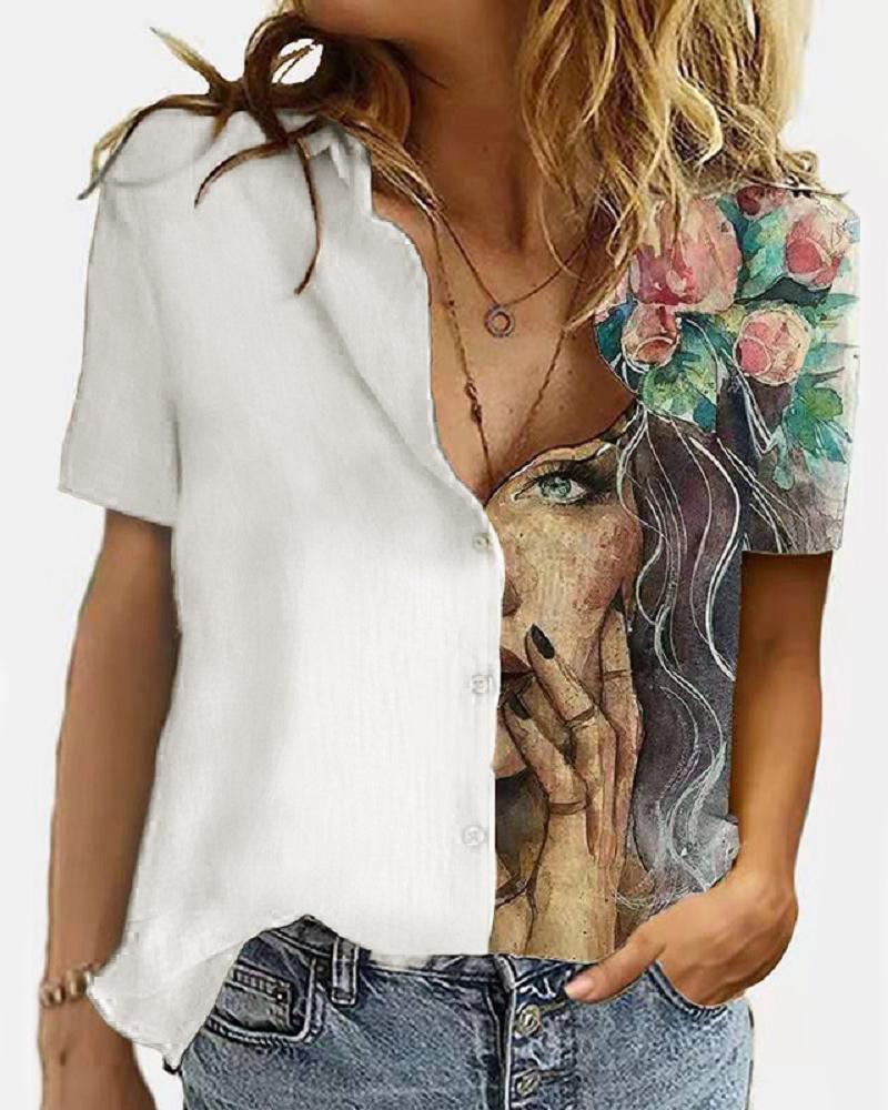 

Figure Floral Print Colorblock Short Sleeve Top, White