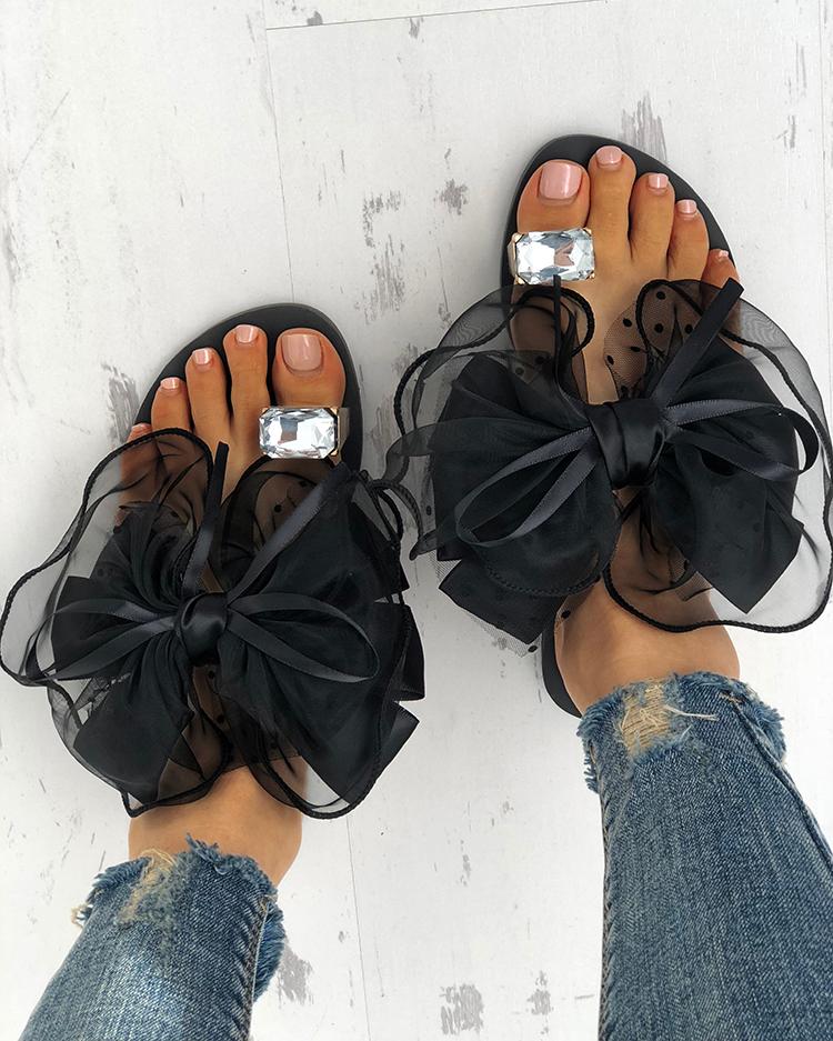 

Mesh Bowknot Decor Rhinestone Toe Ring Flip Flops, Black