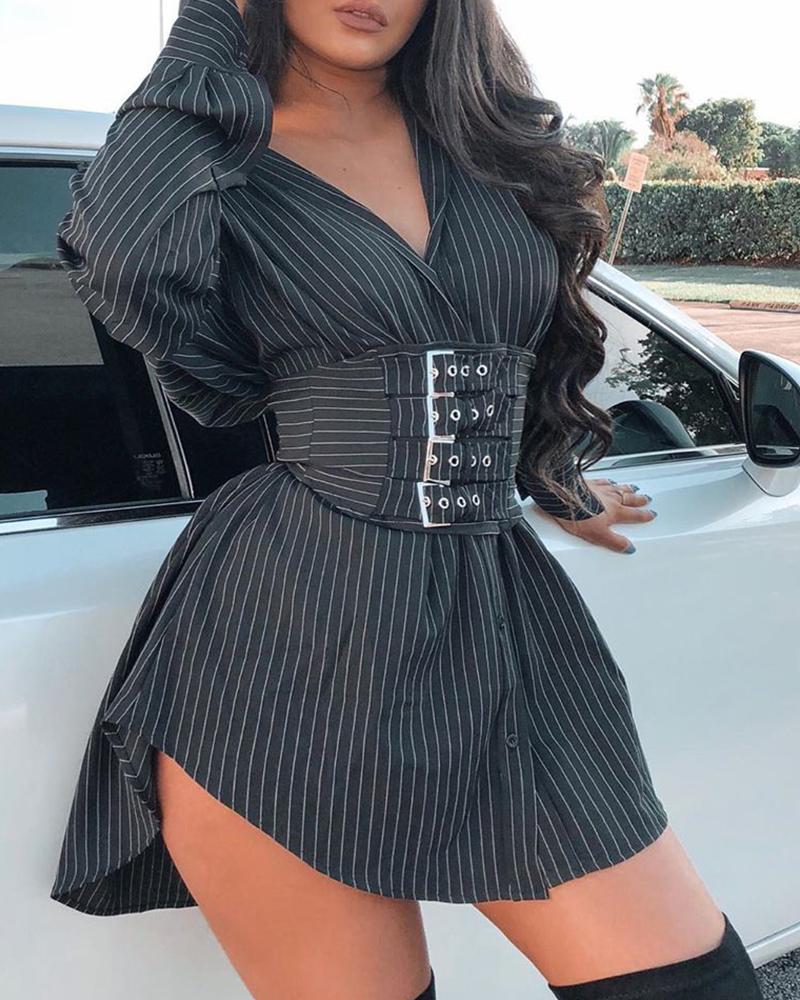 

Striped Colorblock Eyelet Corset Slit Shirt Dress, Black