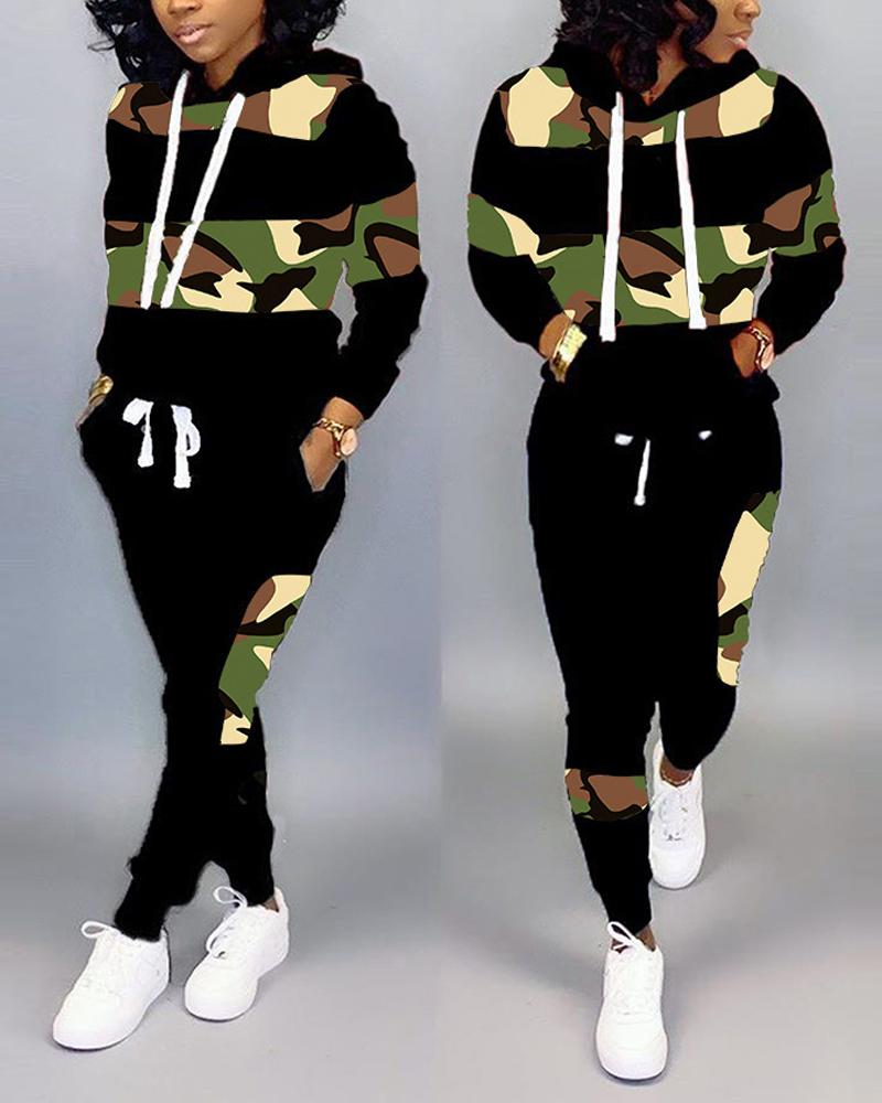 

Camouflage Print Long Sleeve Top & Pants Set, Green