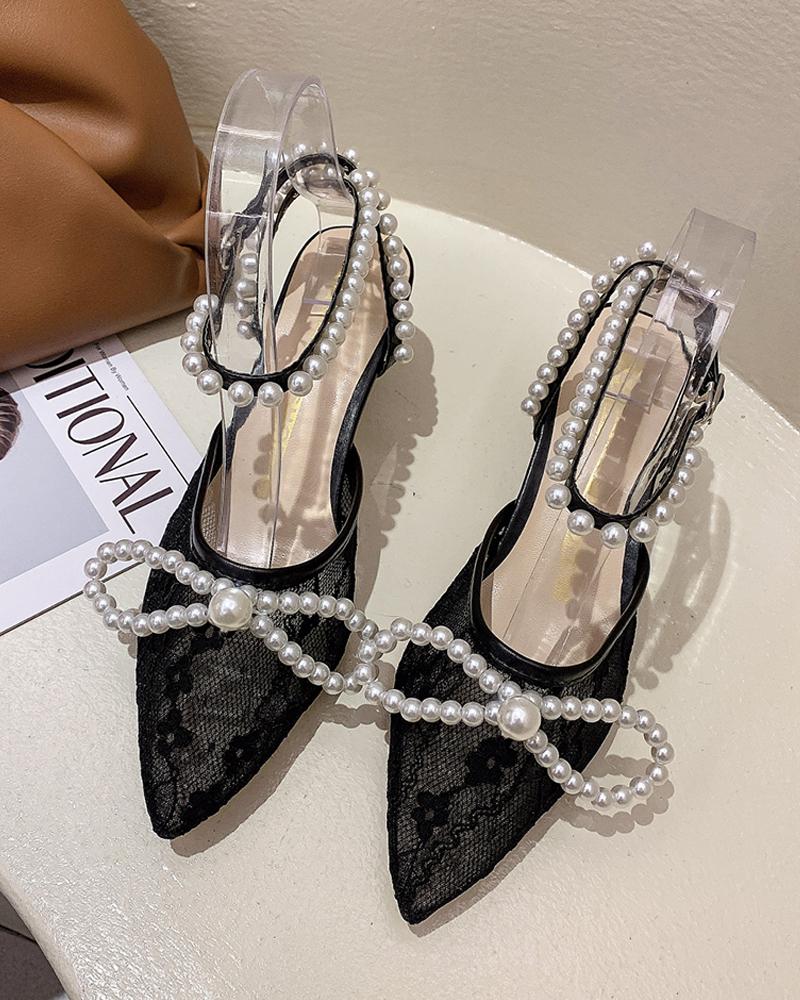 

Crochet Lace Beaded Ankle Strap Wedding Guest Shoes, Black