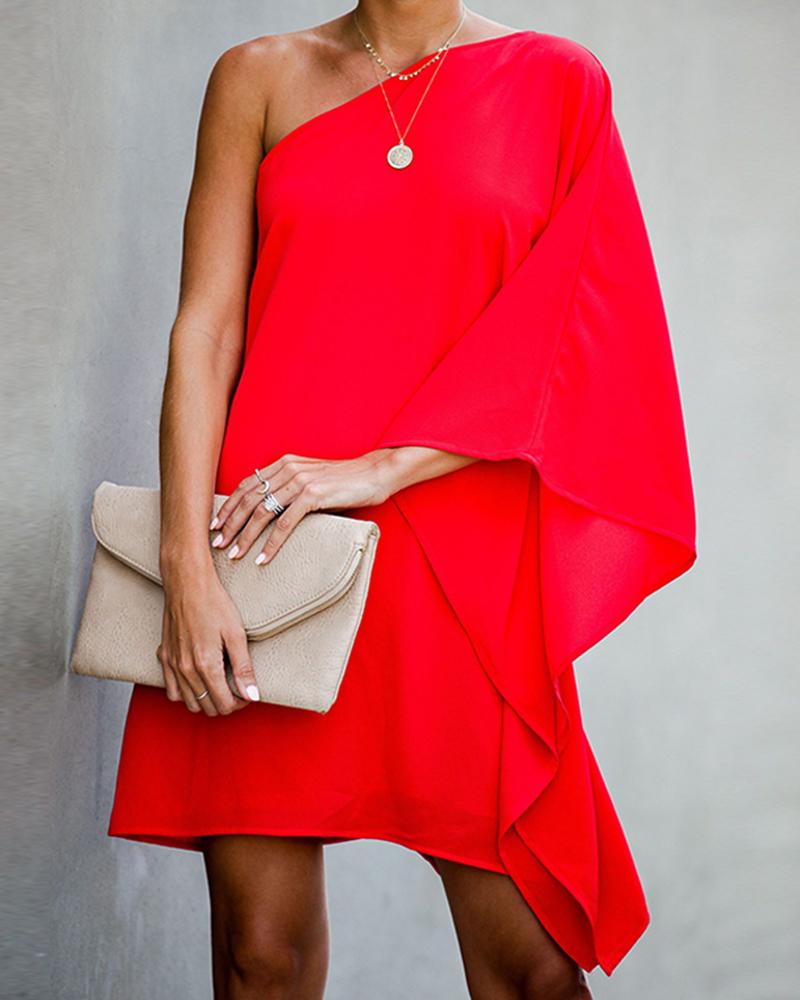 

One Shoulder Ruffle Hem Dress, Red