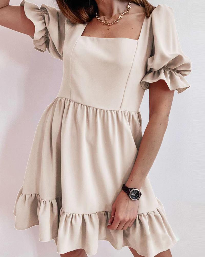 

Ruffle Hem Puff Sleeve Ruched Causal Dress, Beige