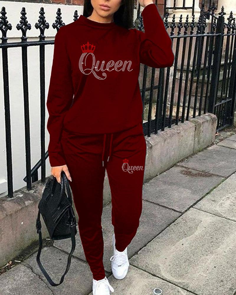 

Rhinestone Letter Pattern Sweatshirt & Pocket Design Pants Set, Wine red