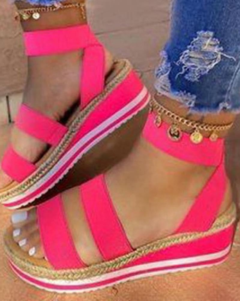 

Double Strap Slingback Woven Flax Wedge Sandals, Hot pink