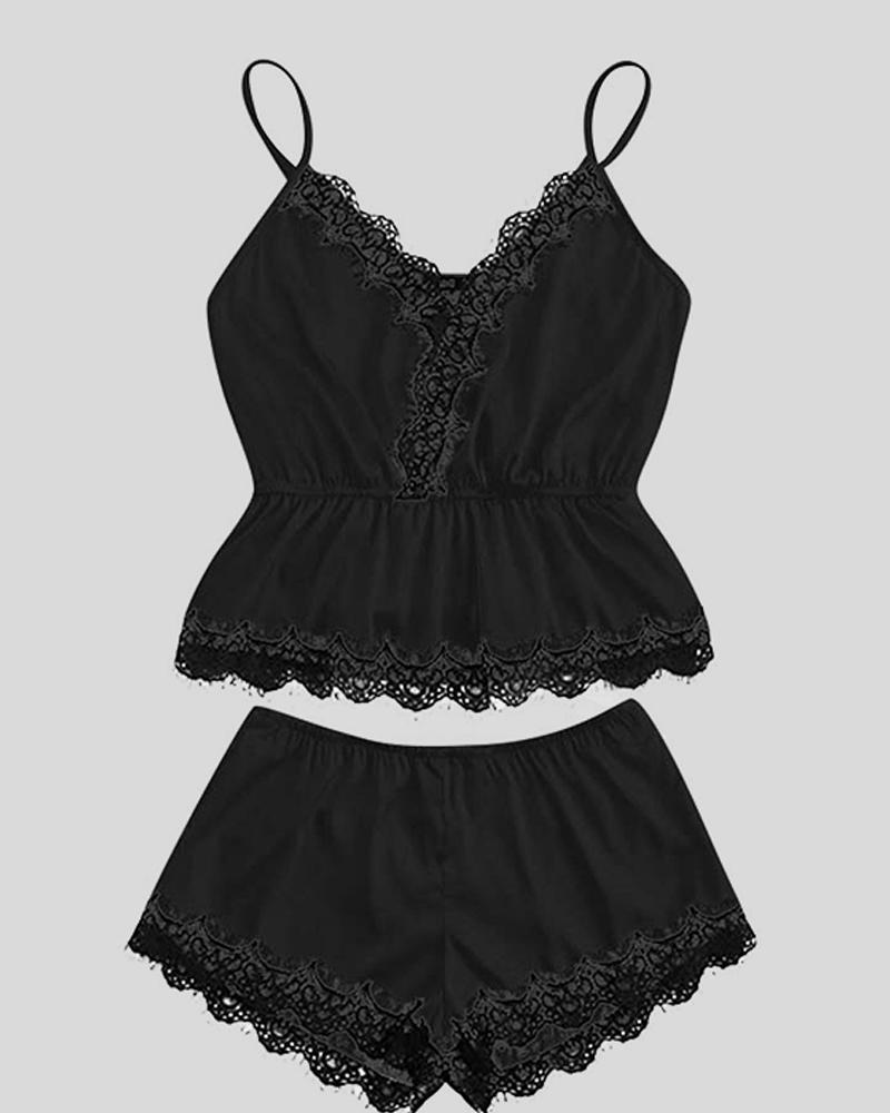 

Solid Color Splicing Lace Sling Velvet 2-Piece Pajamas Sets, Black