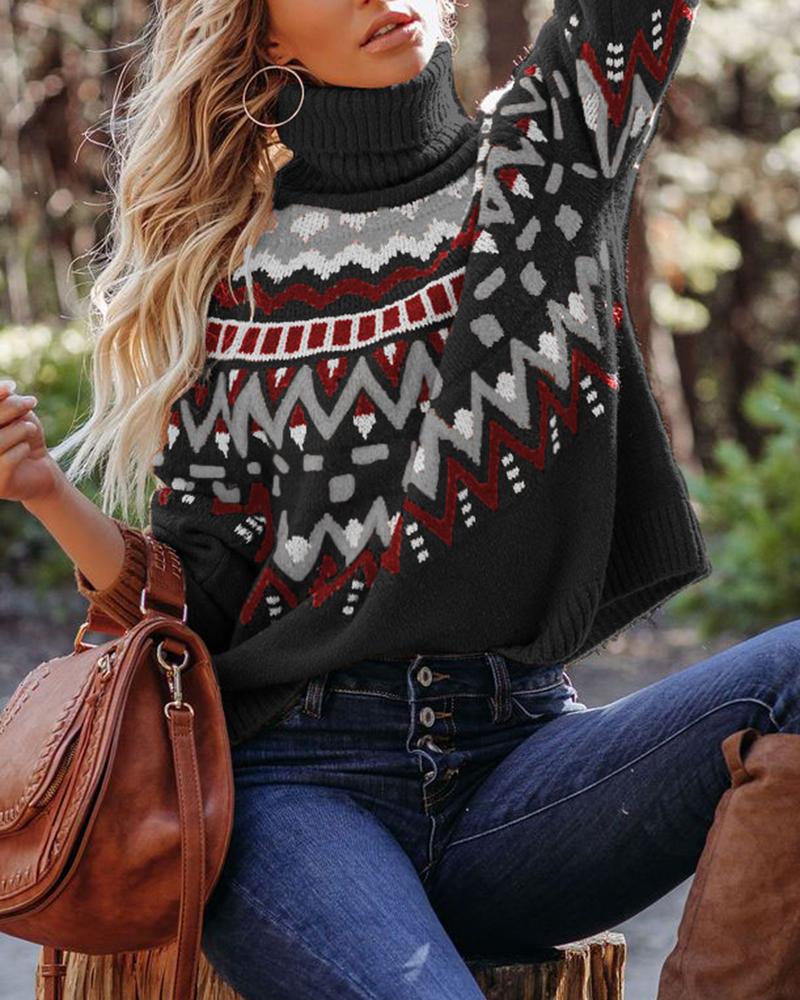 

Geometric Pattern High Neck Knit Sweater, Black