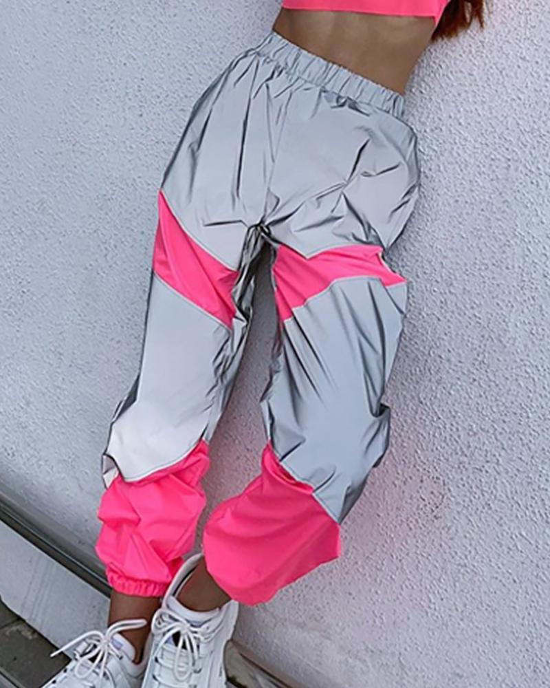 

Casual Reflective Colorblock Sweatpants, Pink