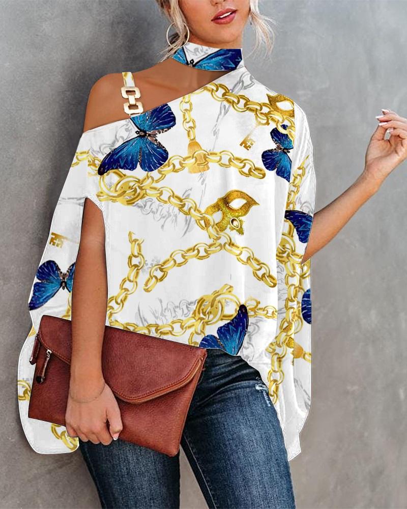 

Butterfly Chain Print Batwing Sleeve Top, White