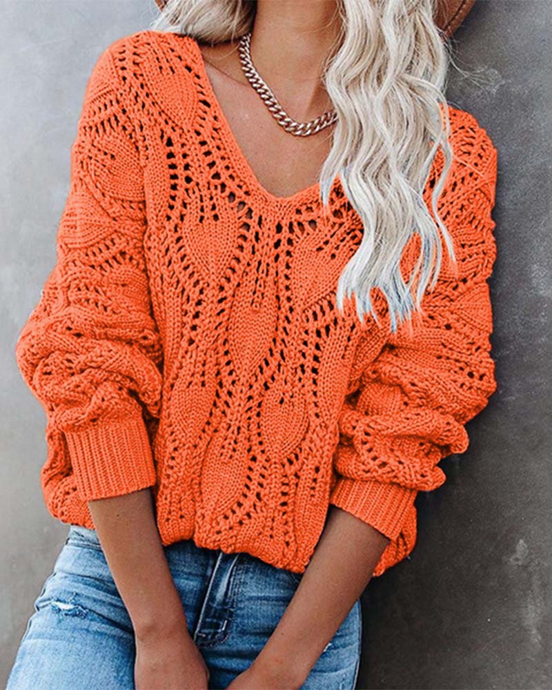 

Open Knit V-Neck Long Sleeve Sweater, Orange