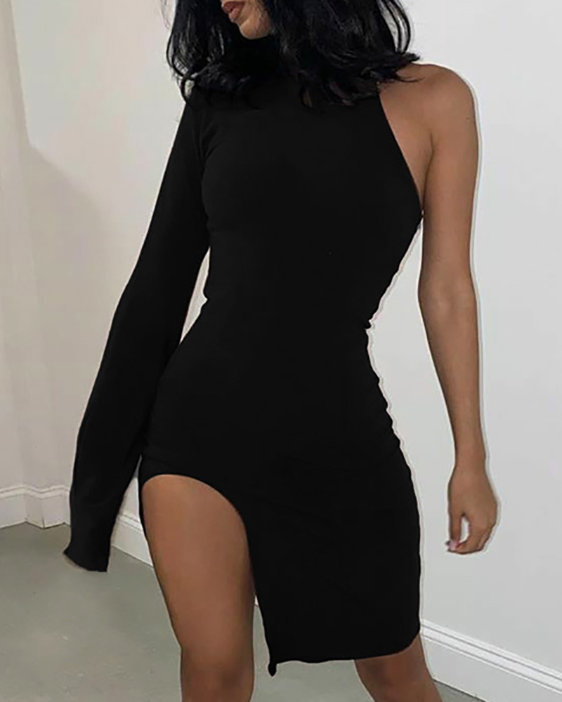 

Plain O Neck Asymmetrical Bodycon Dress, Black
