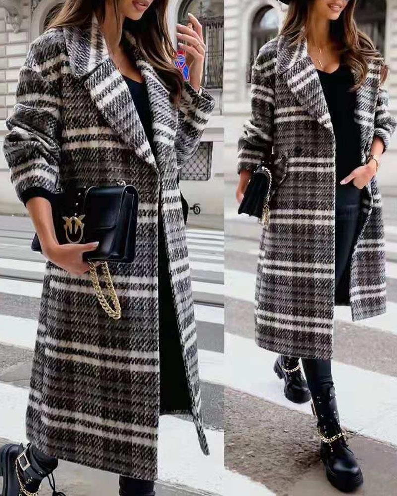 

Plaid Print Double Breasted Longline Pea Coat, Black