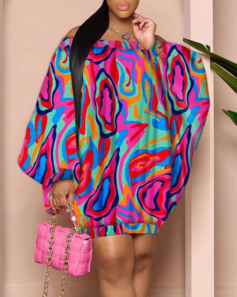 

Plus Size Marble Print Off Shoulder Batwing Sleeve Dress, Pink