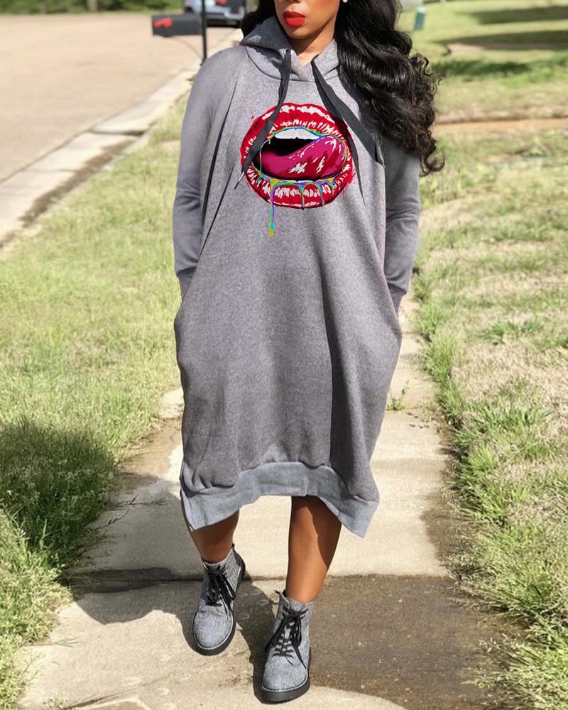 

Plus Size Lip Print Long Sleeve Hooded Sweatshirt Dress, Gray