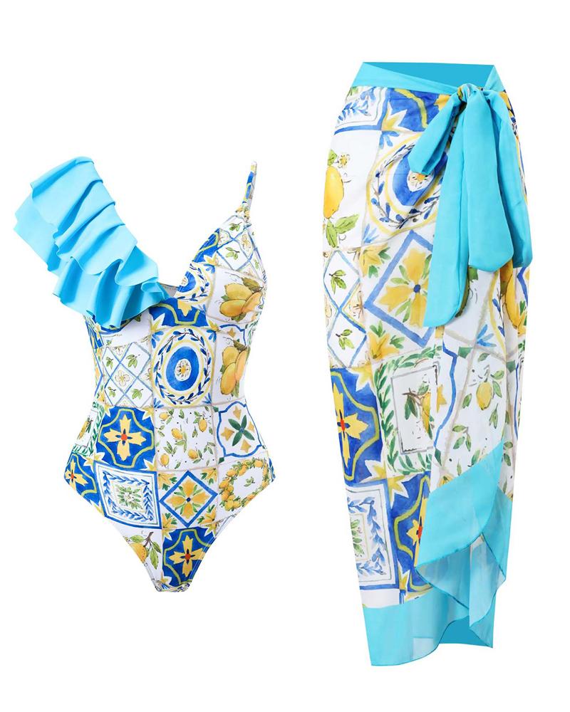 

Scarf Print Ruffle Hem One-Piece Swimsuit With Cover Up, Lighted blue