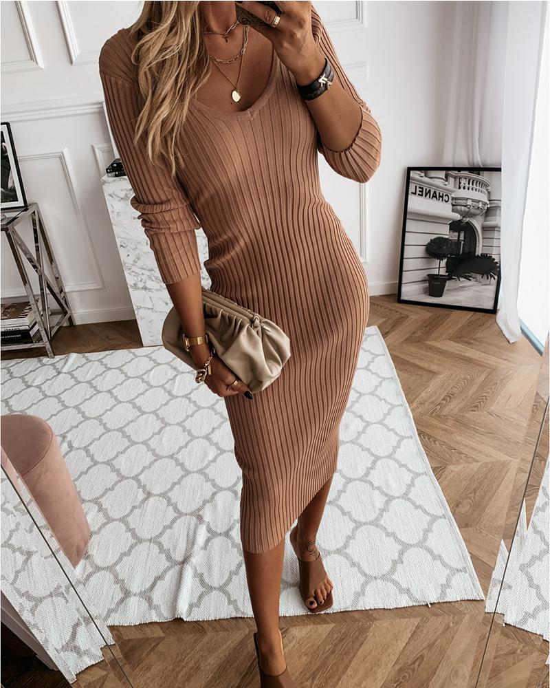 

Plain Ribbed Long Sleeve Skinny Women Dresses, Khaki