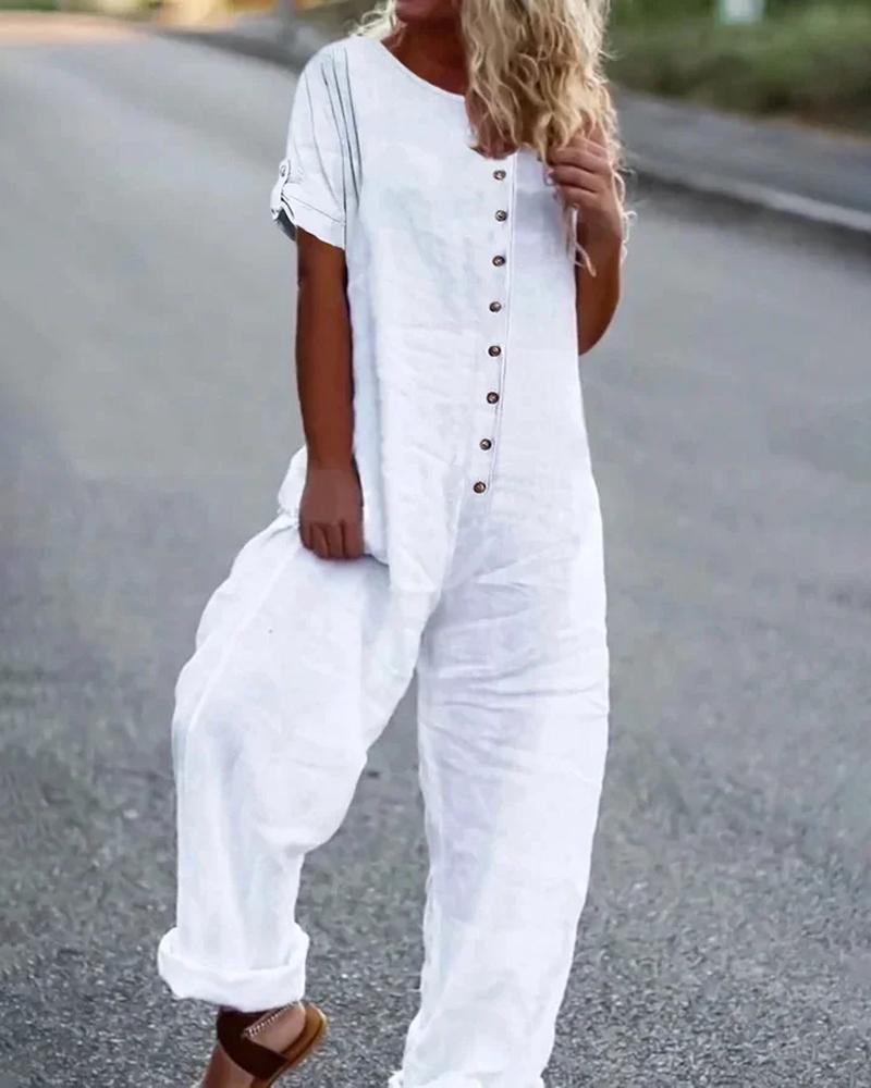 

Short Sleeve Button Front Casual Jumpsuit, White