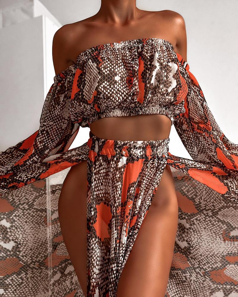 

Snakeskin Print Bell Sleeve Off Shoulder Top & Slit Skirt Set, Brown