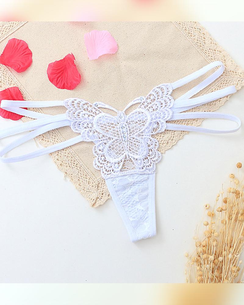 

Solid Lace Patch Skinny Cut-out T-string Panties, White