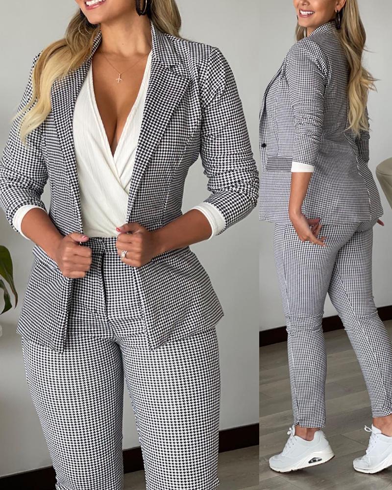 

Houndstooth Print Notched Collar Blazer Coat & Pants Set, Gray